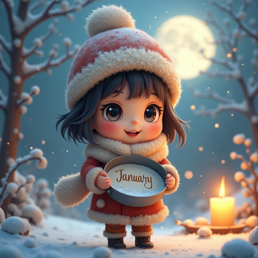 Chibi Girl's January Wish in Dreamy Winter Landscape