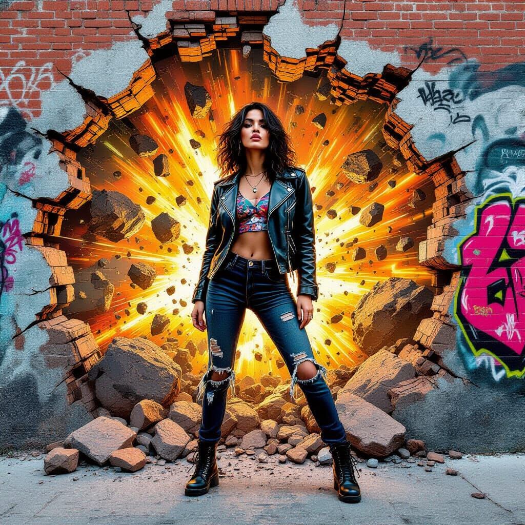 Shoegaze Woman Amidst Exploding Earth: Urban Street Art