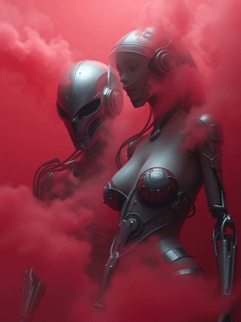 Futuristic Robot and Cyborg Emerge From Red Smoke