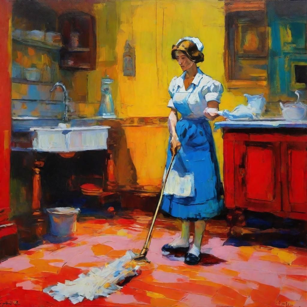 Maid Wiping Floor in Fauvist Oil Painting Style