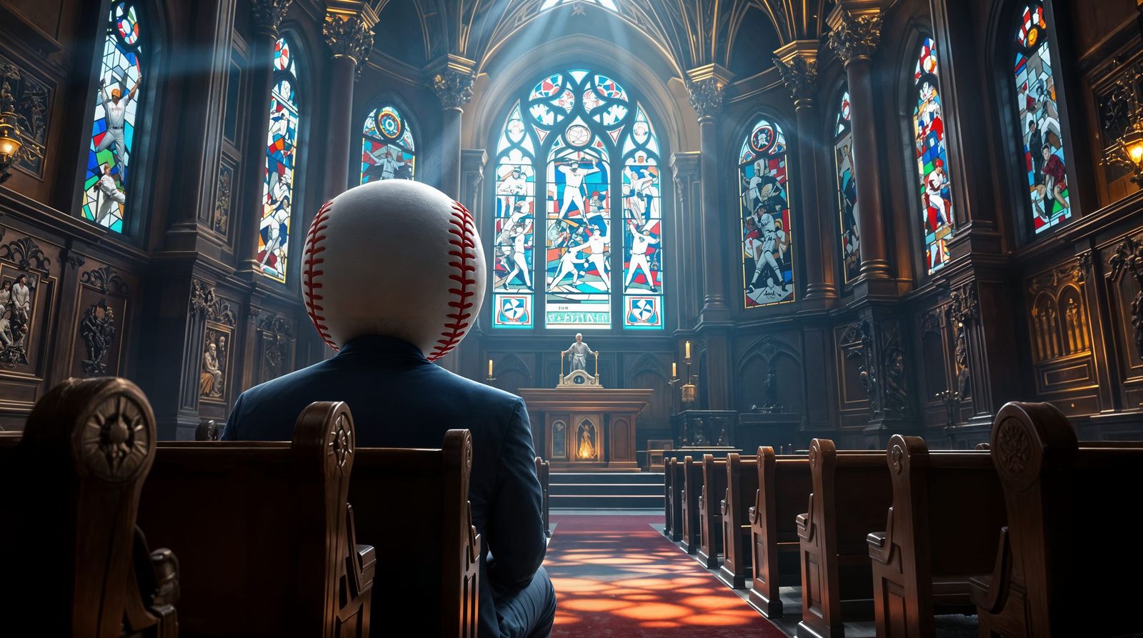 Surreal Baseball Temple with Babe Ruth and Willie Mays