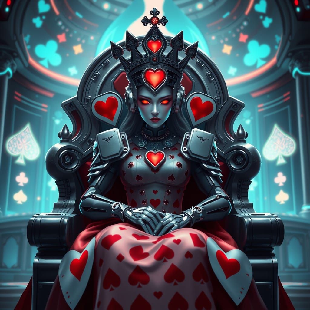 Cyborg Queen of Hearts Empress on Playing Card Throne
