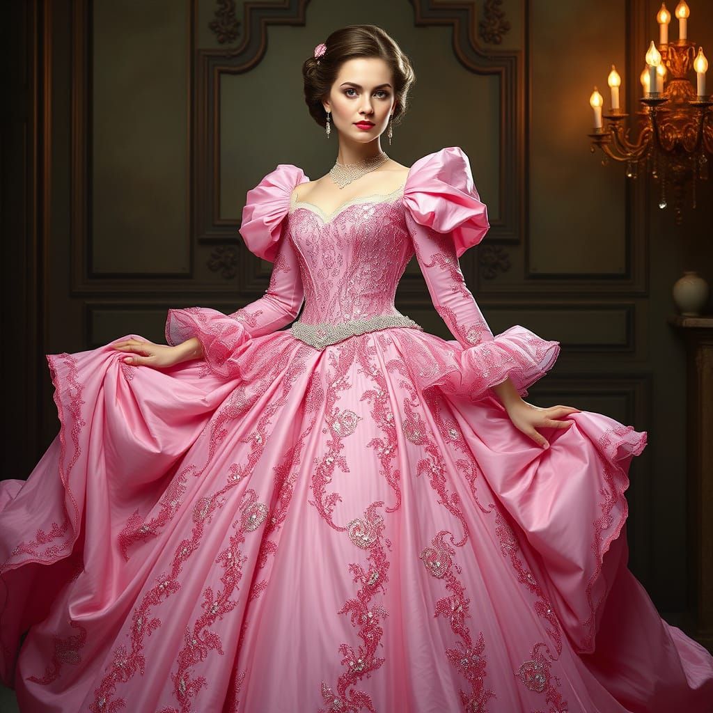 woman long sleeve pink ball gown sequins