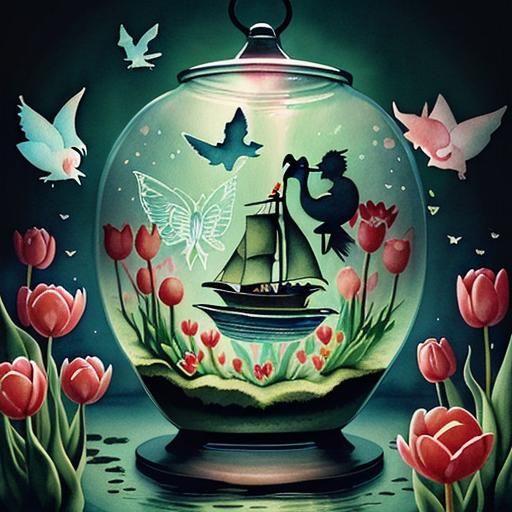 Surreal Fairytale: Tulips, Fairies, and a Monster Boat