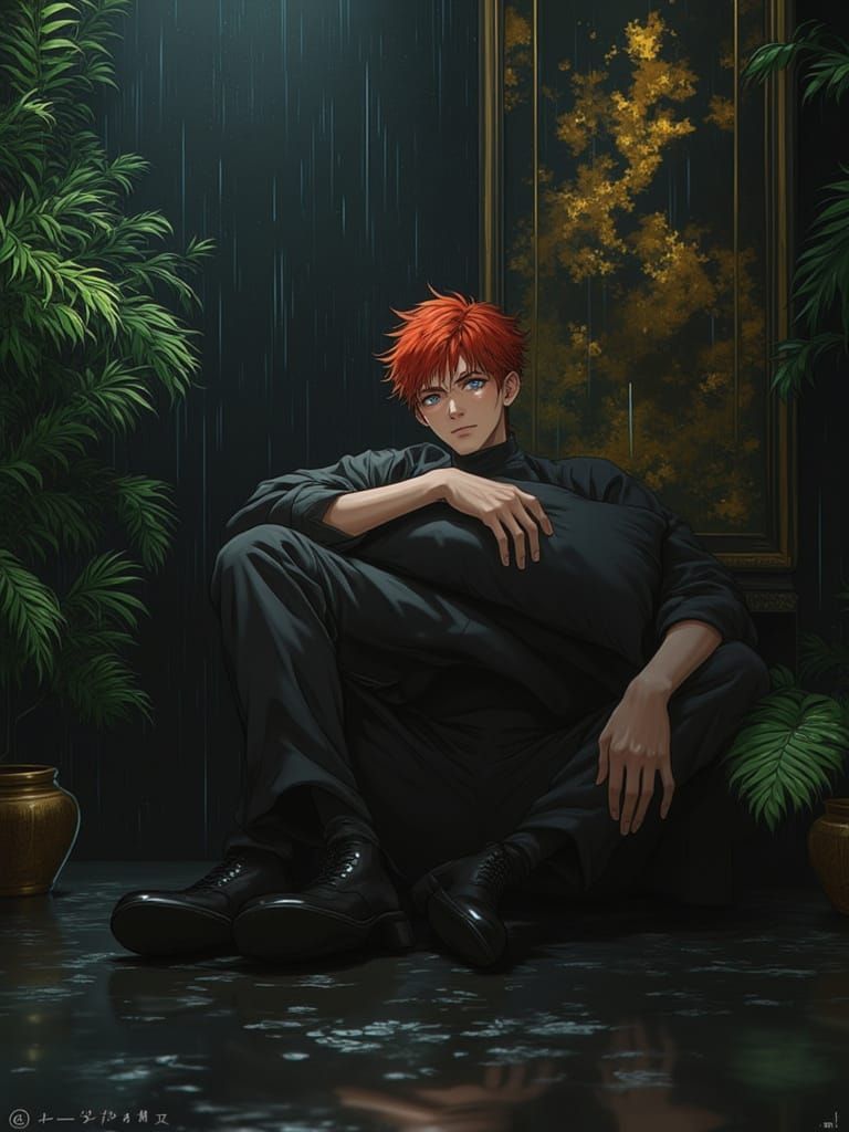 Red-Haired Man in Rainy Obsidian Bedroom, Anime Style