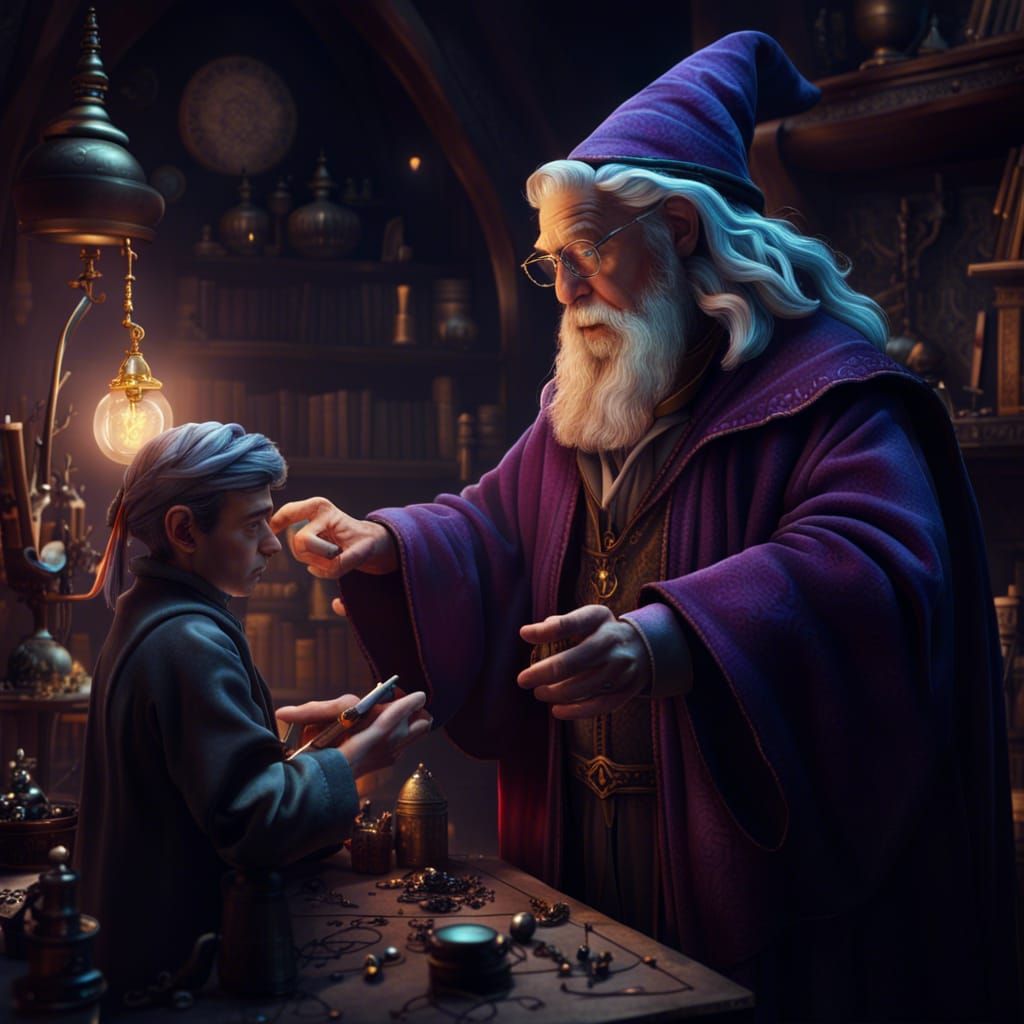 Whimsical Wizard Teaches Apprentice in Magic Workshop