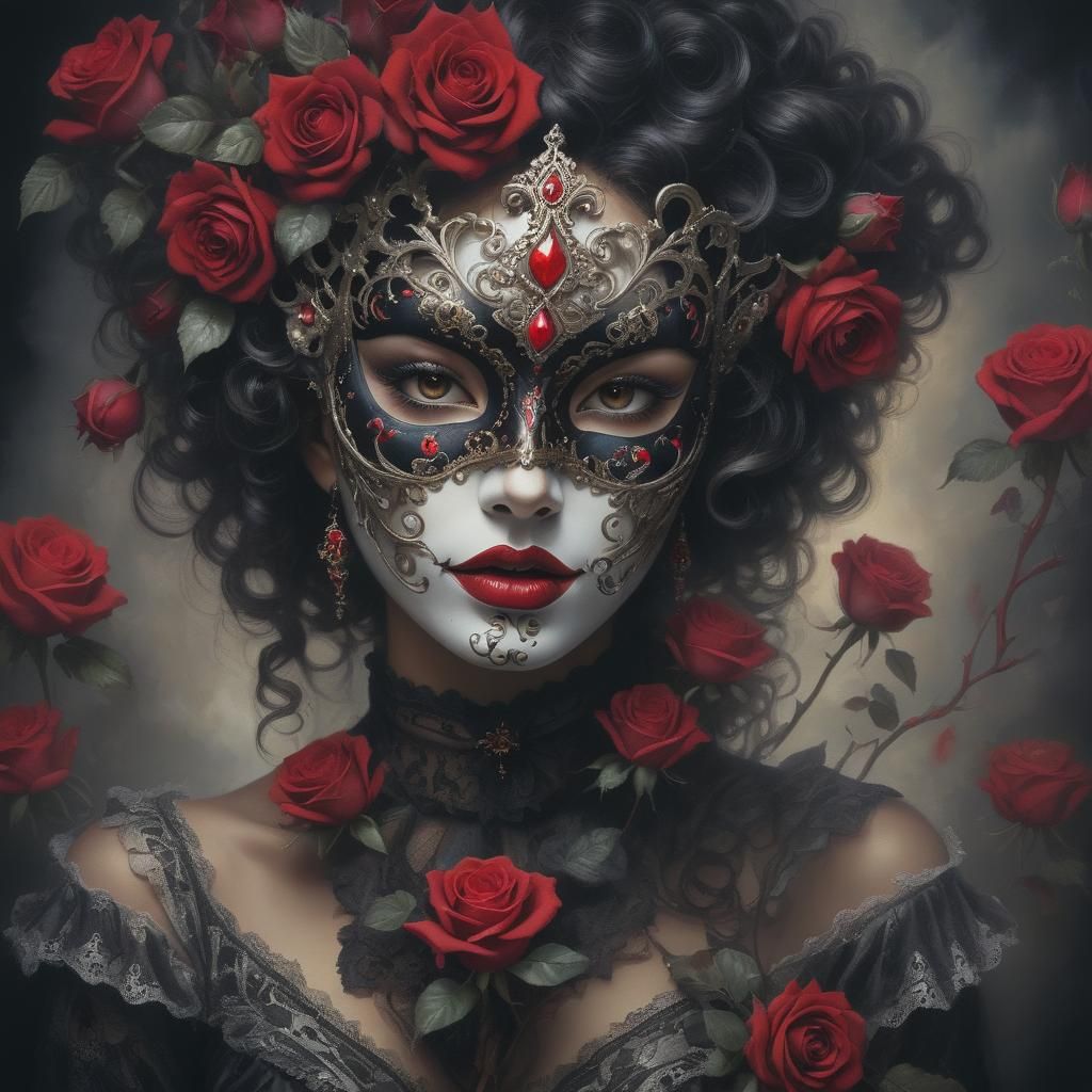 Mysterious Woman in Harlequin Mask with Roses