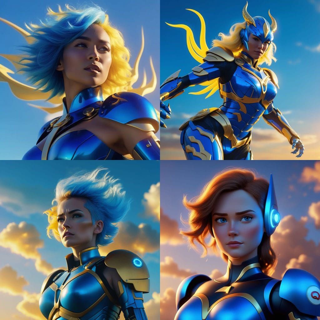 Superheroine in Blue Robot Armor Against Sunset Sky