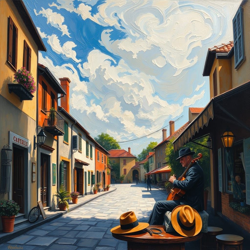 Charming Village Street in a Neo-Impressionist Oil Painting