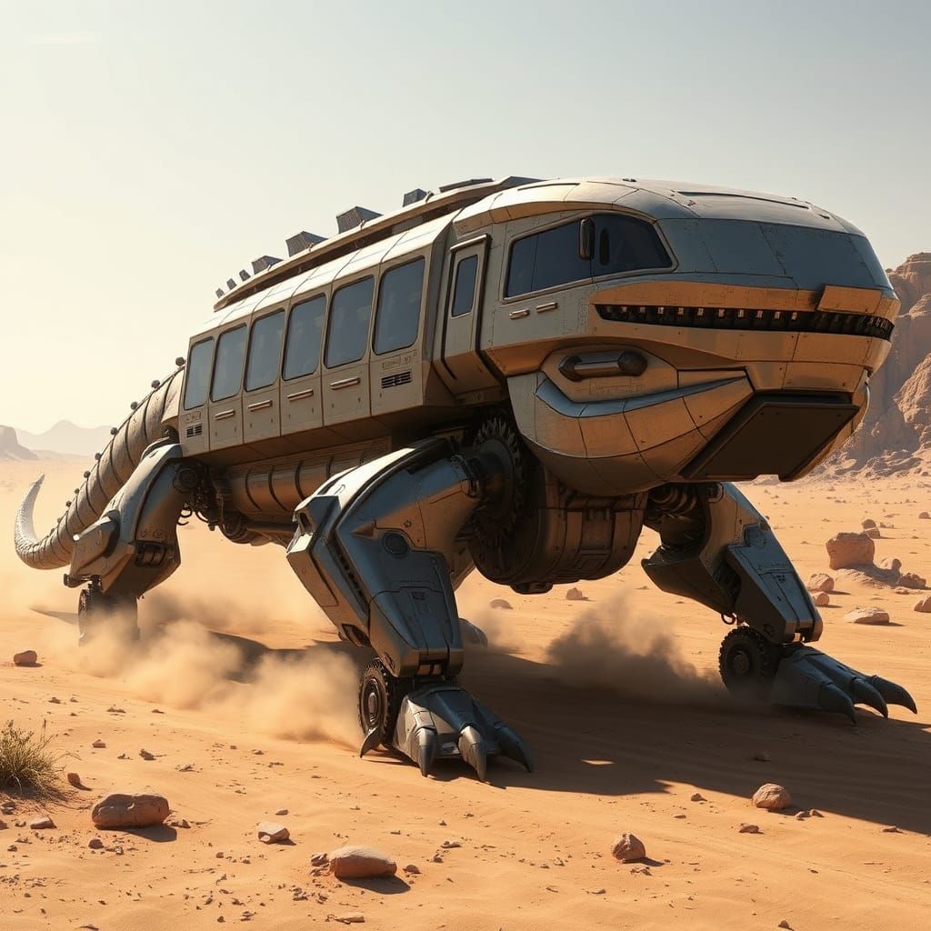 Futuristic Robotic Lizard Vehicle in Desert Landscape