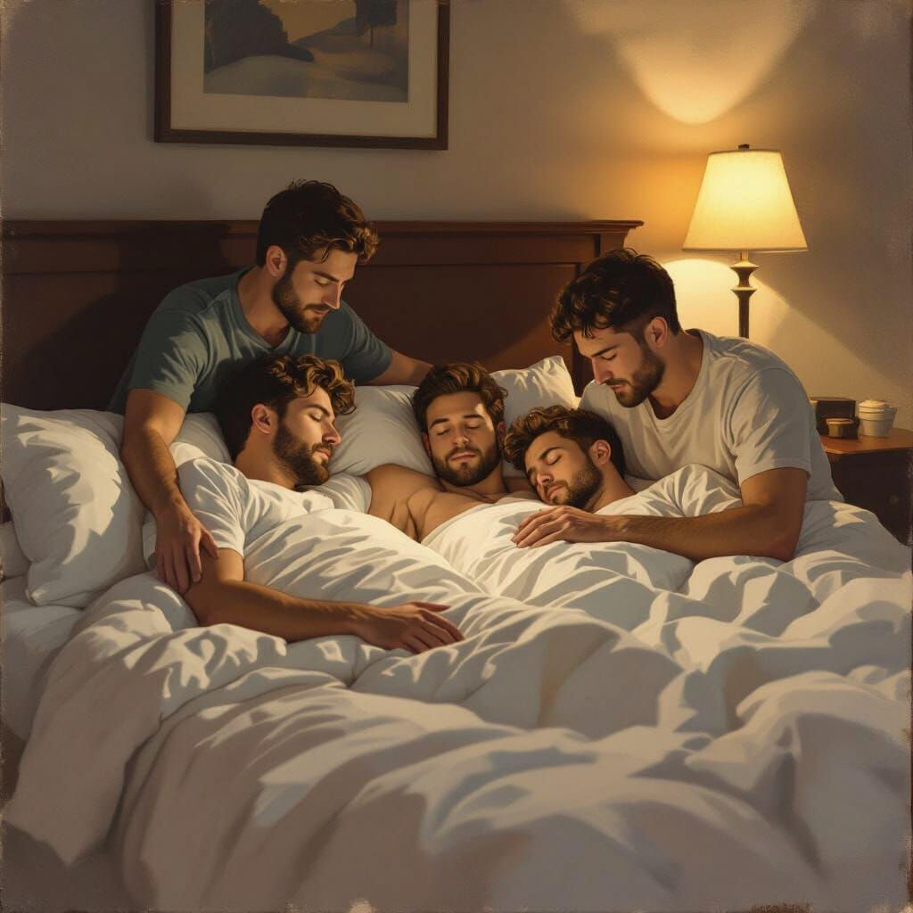 Tender Care Scene: Men Tending to Others in a Serene Bedroom