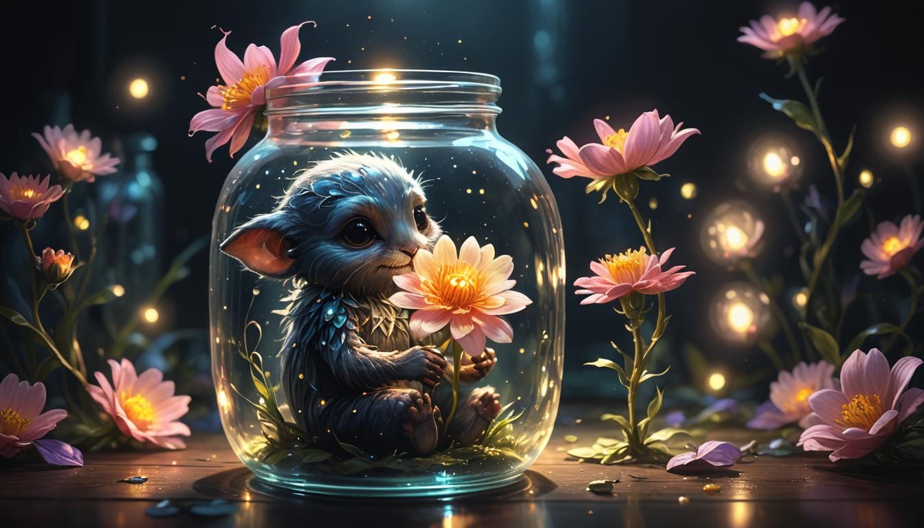Magical Creature in Jar Holding Glowing Flower