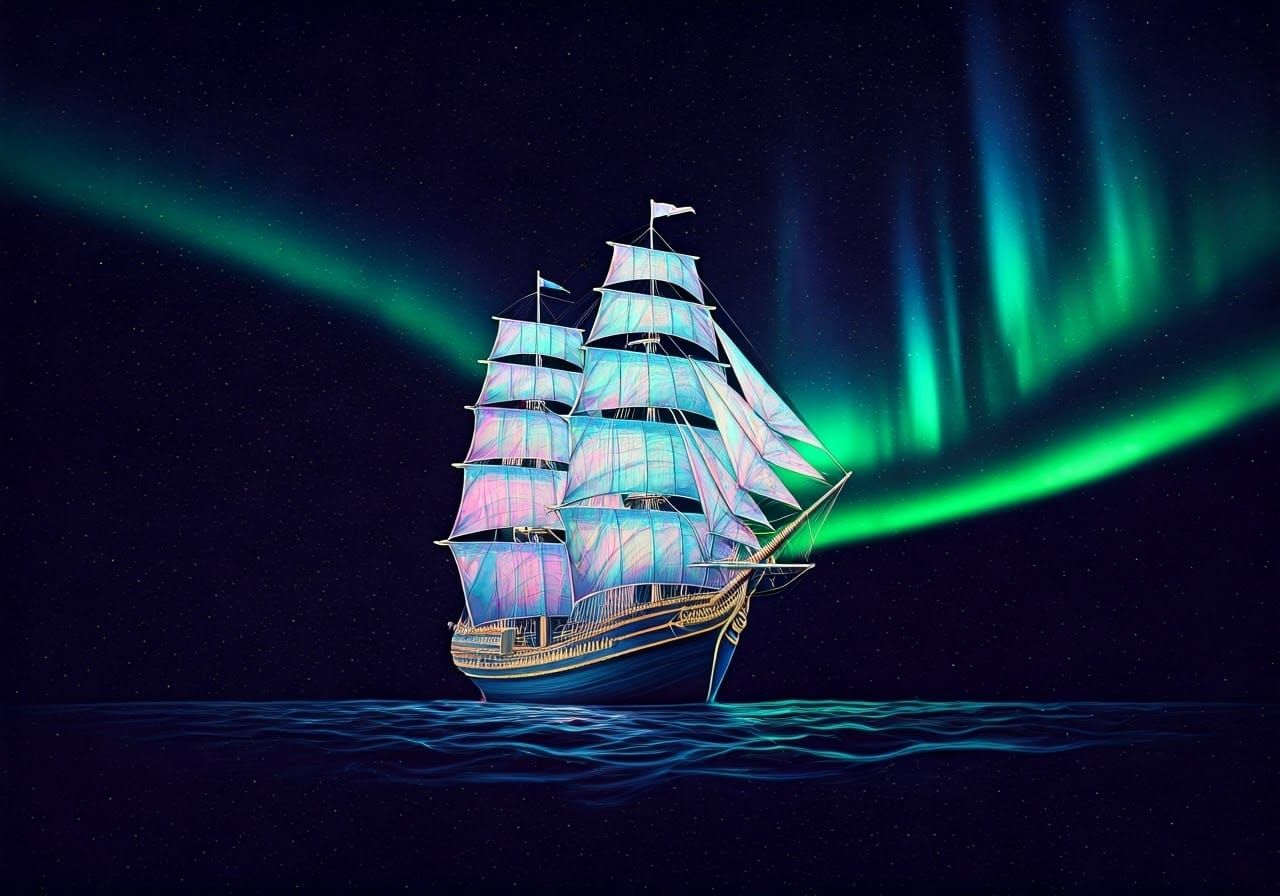 Iridescent Clipper Ship Sailing Through Aurora Sky