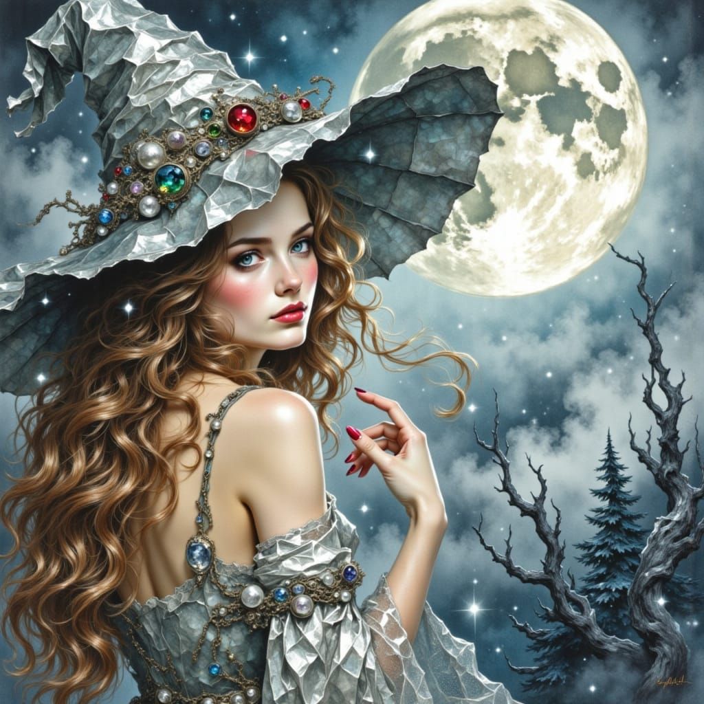 Mystical Witch in Silver Robe Under Winter Moon