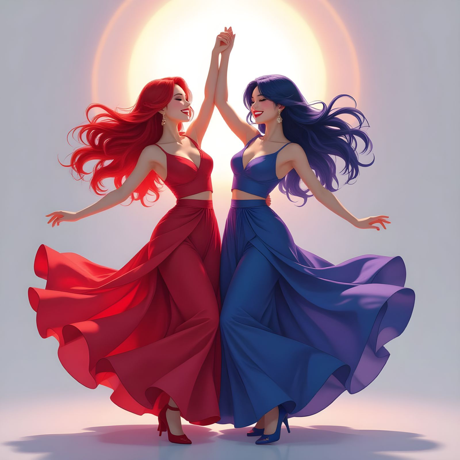 Two Women Dancing Joyfully in Semi-Realistic Anime Style