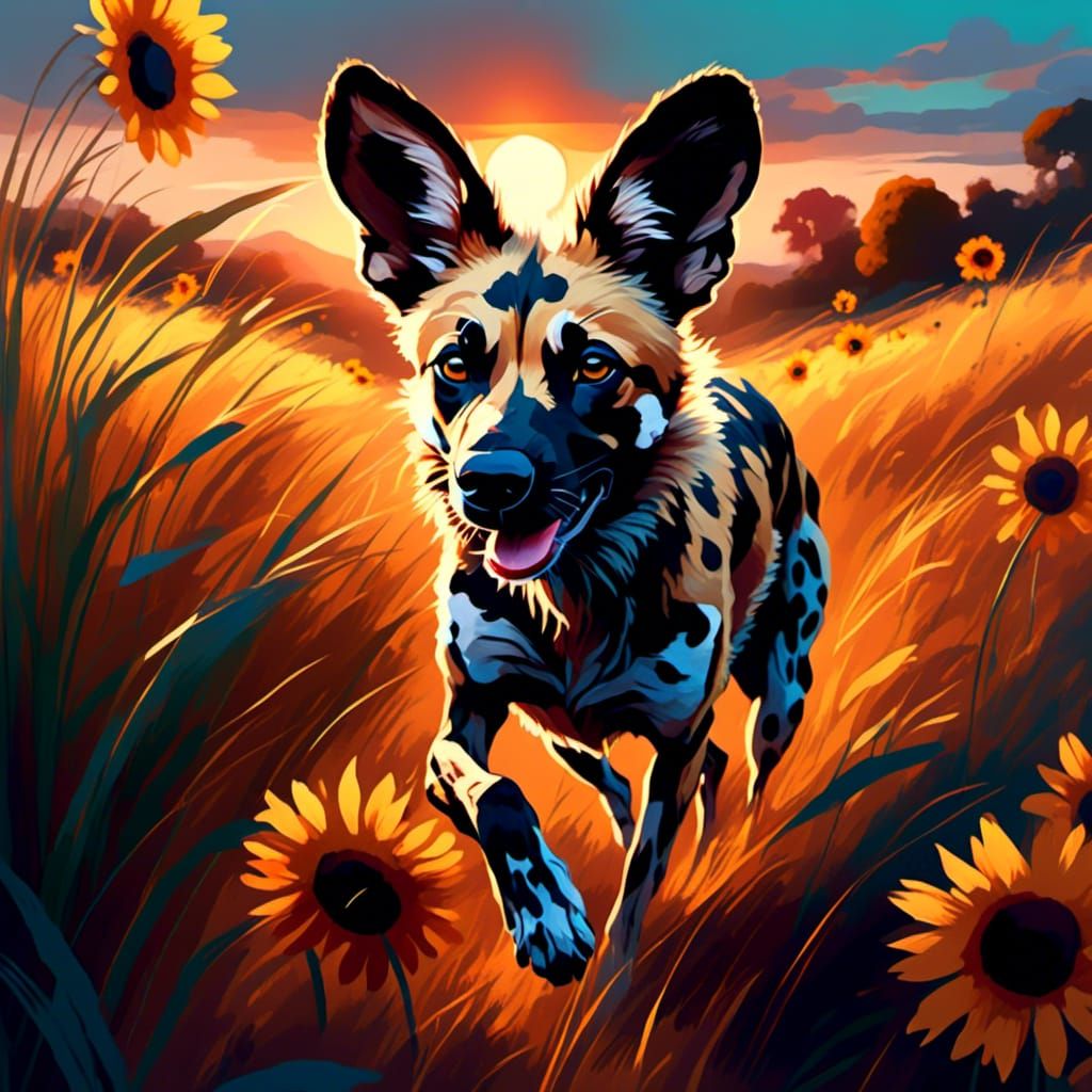 African Wild Dog Runs Through Vibrant Oil Painting