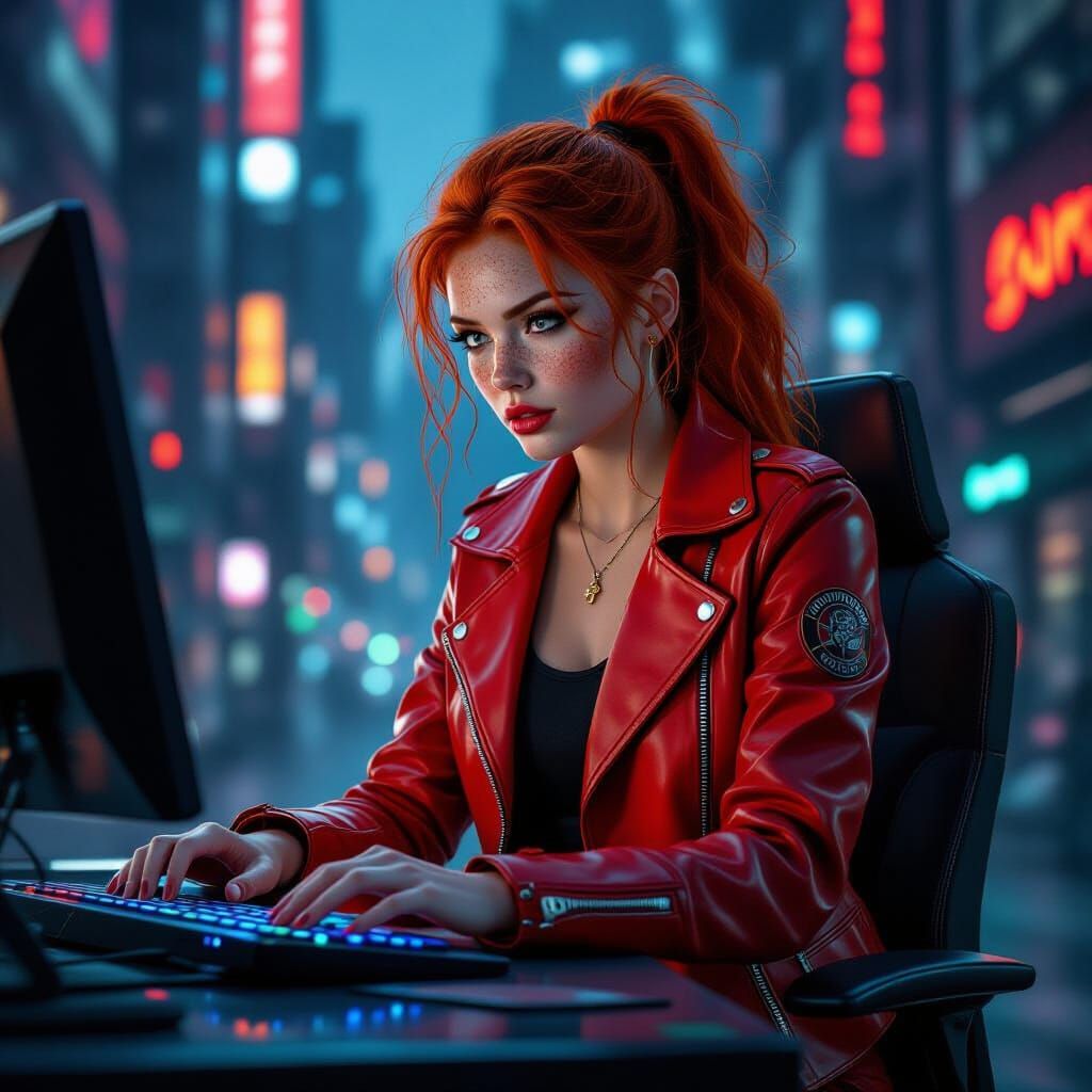 Cyberpunk Hacker Girl in Neon Noir Cityscape