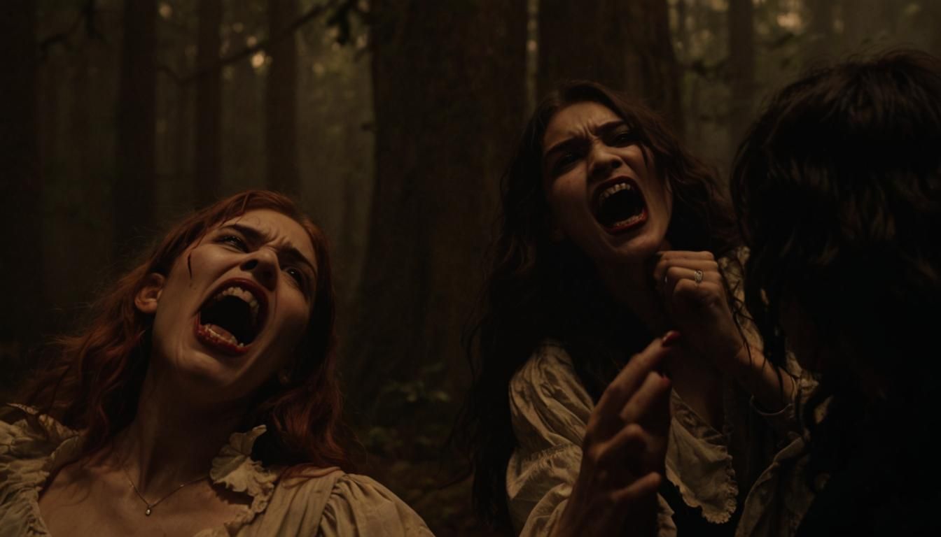 Vampires Snarling in Eerie Forest: Gothic Film Still