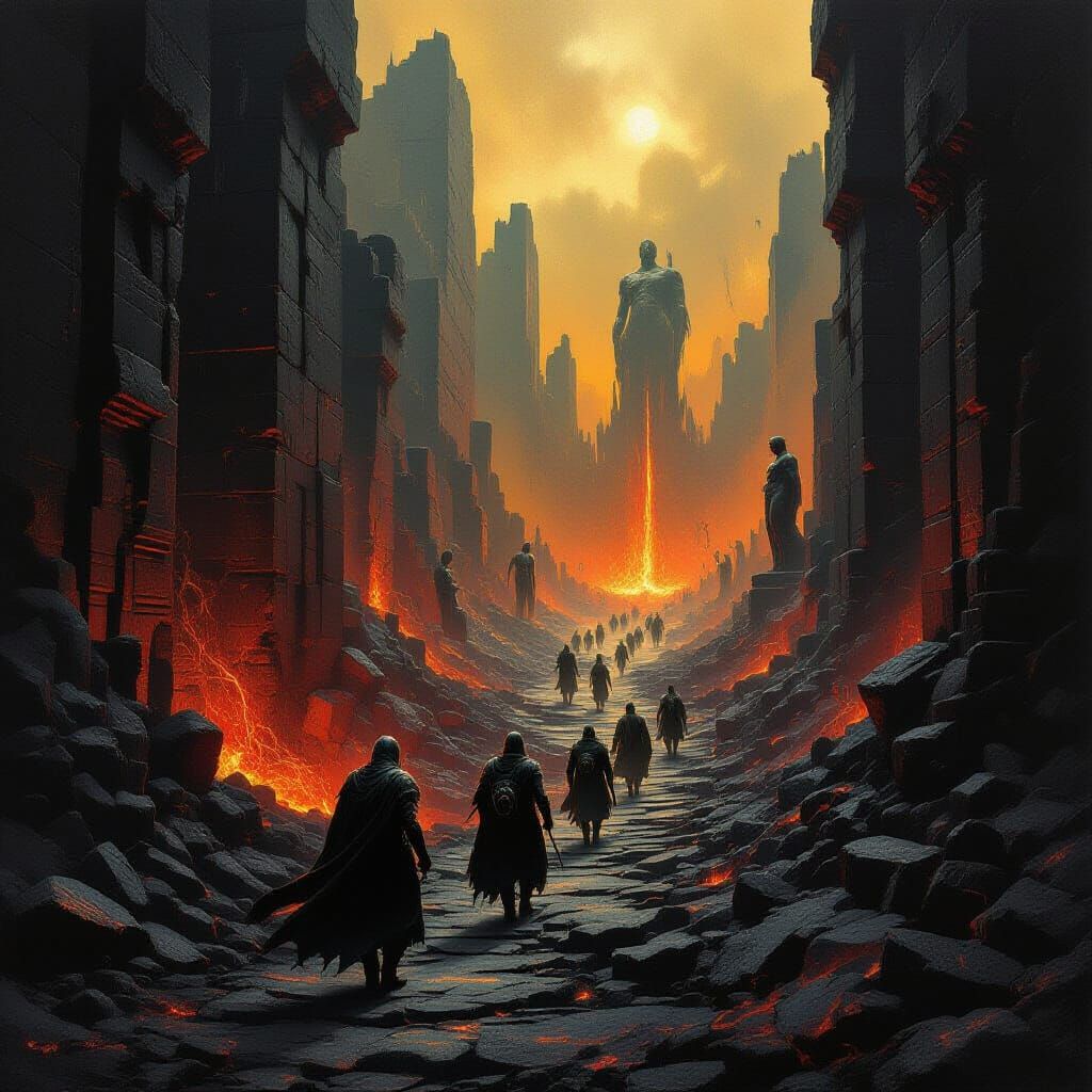 Warriors in Infernal Descent: A Dark Surreal Landscape