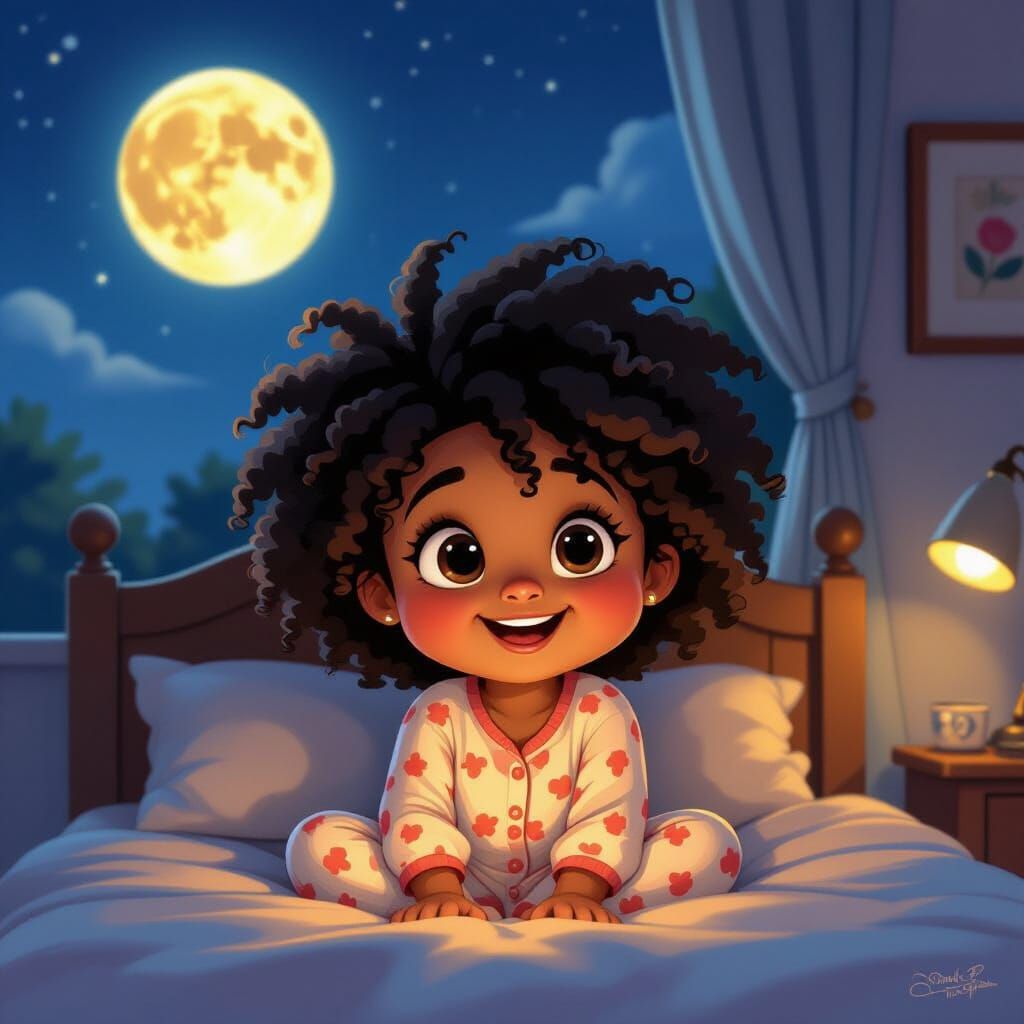 Little Girl Sees Strawberry Moon: Animated Cel Style