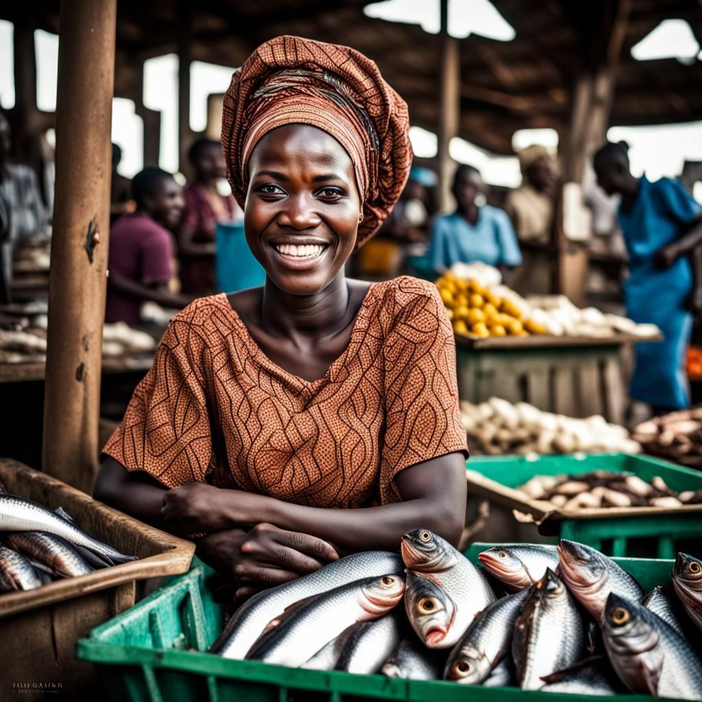 Smiling Ugandan Woman in Fish Market, Hyperrealistic HDR
