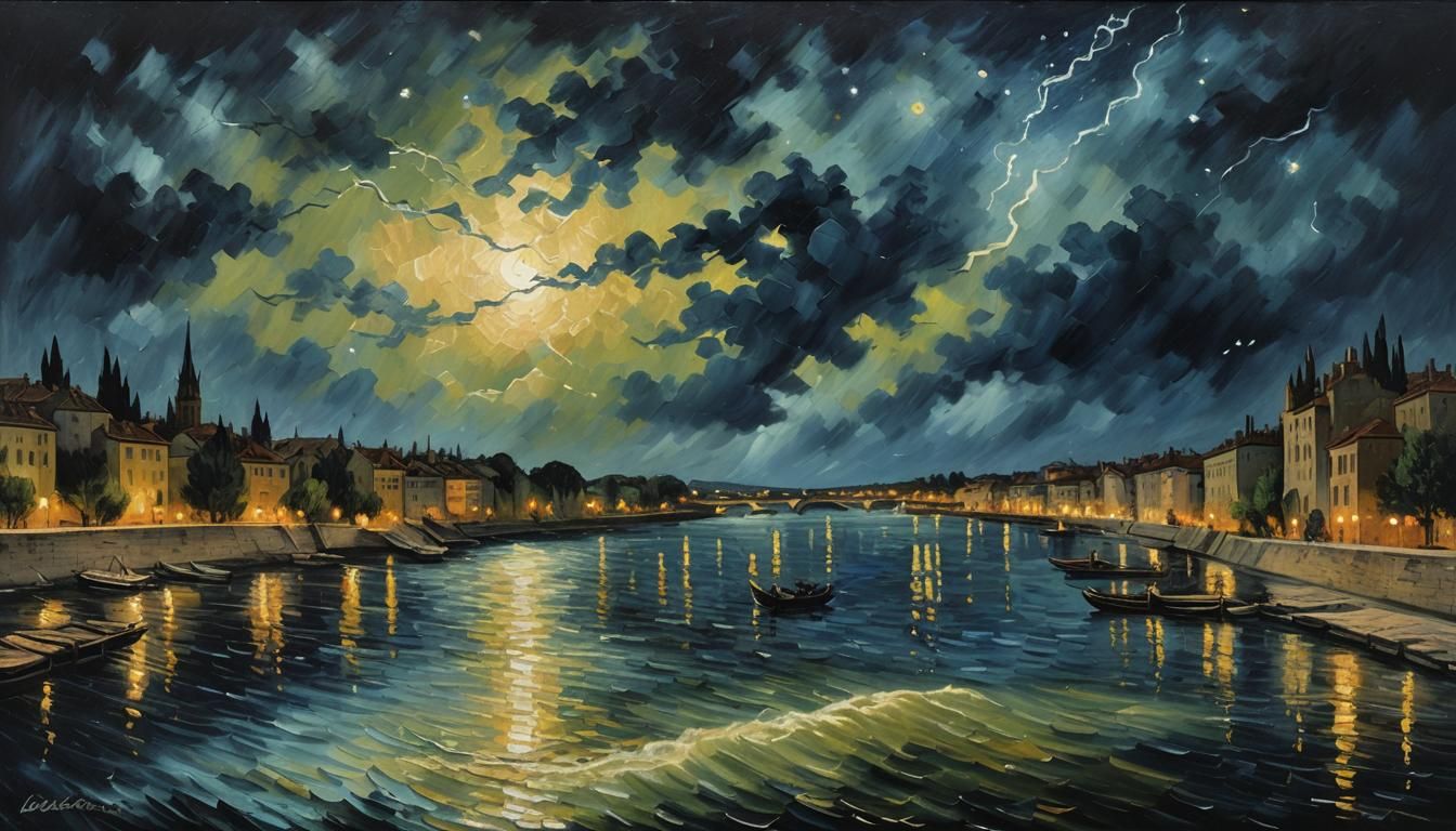 Starry Night River Oil Painting in Realist Style