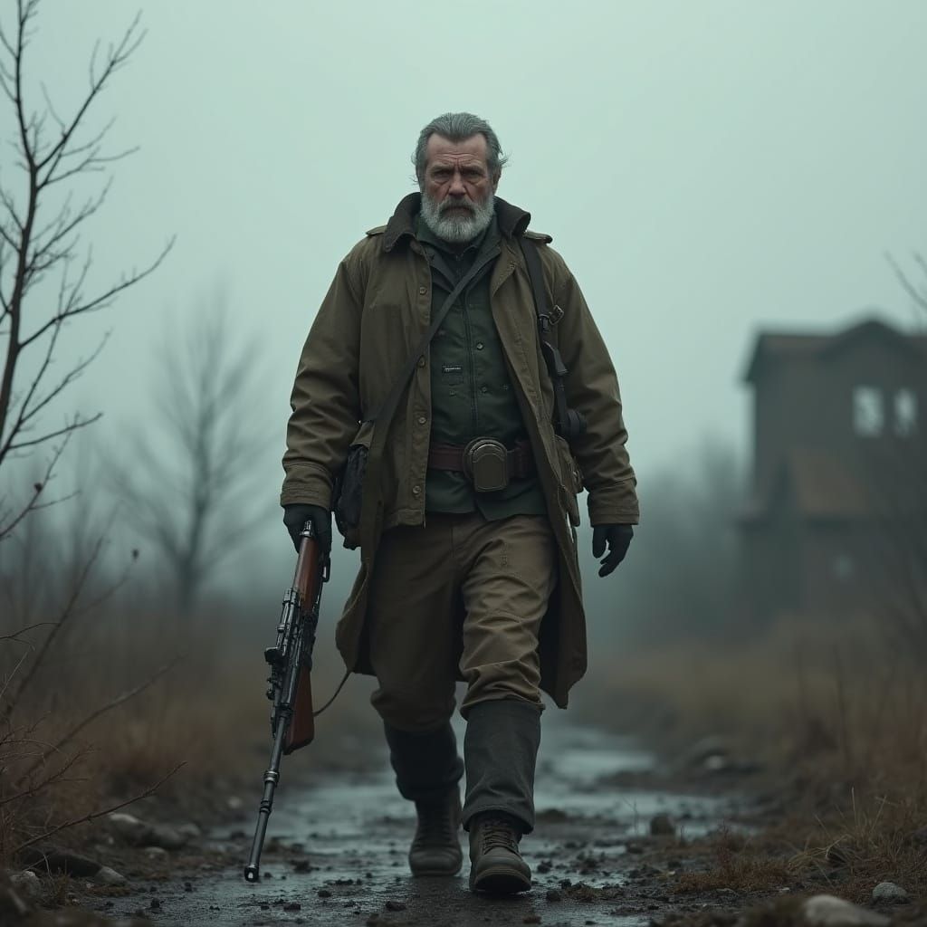 Veteran with Rifle in S.T.A.L.K.E.R. Style European Wastelan...