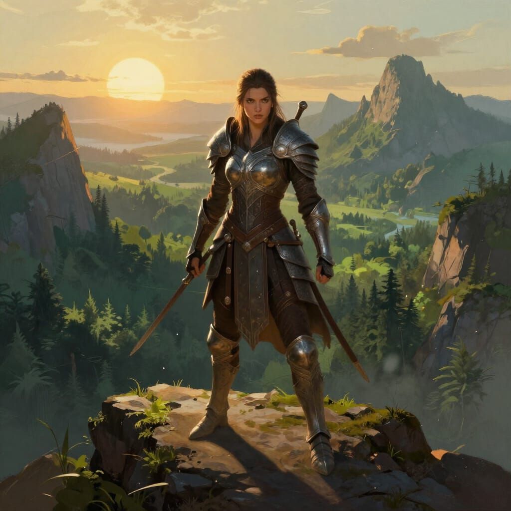 Warrior Princess on Mountain Peak at Golden Hour