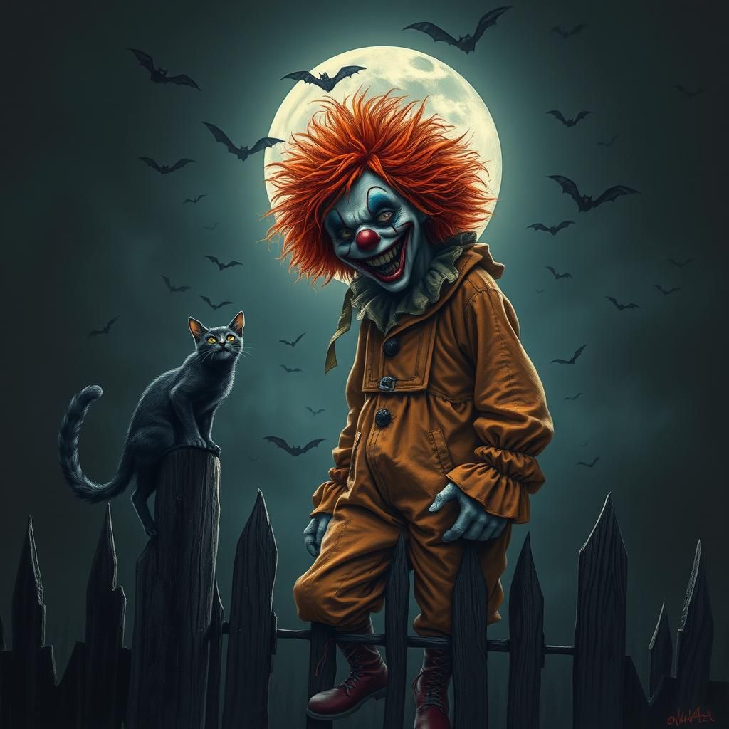 Scary Clown and Cat in Gothic Horror Style