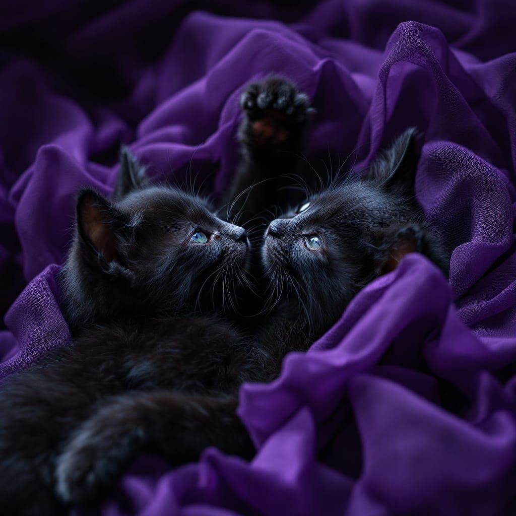Whimsical Black Kittens in Lavender Lace