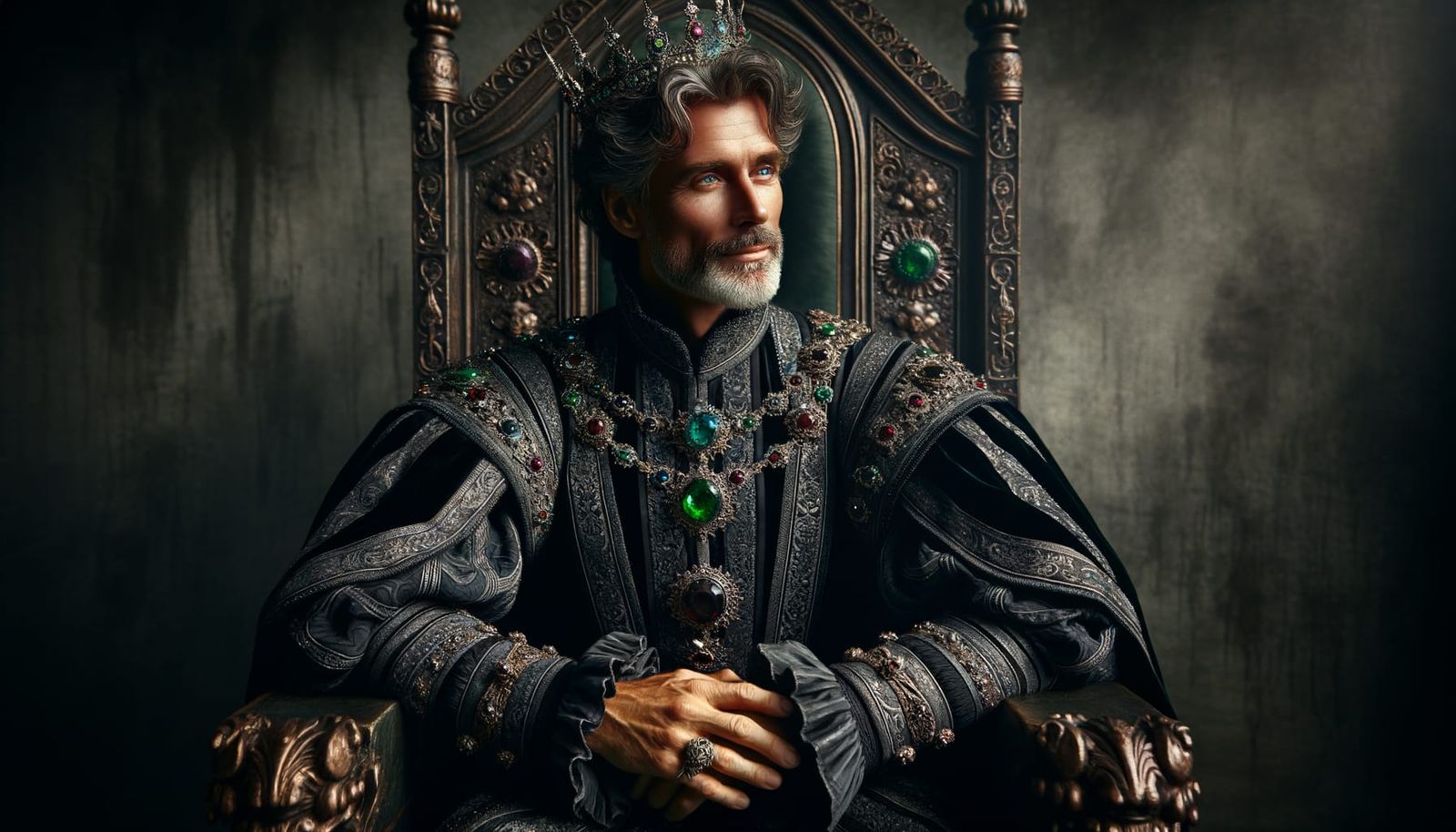 Regal Mature Man on Throne with Emerald Crown