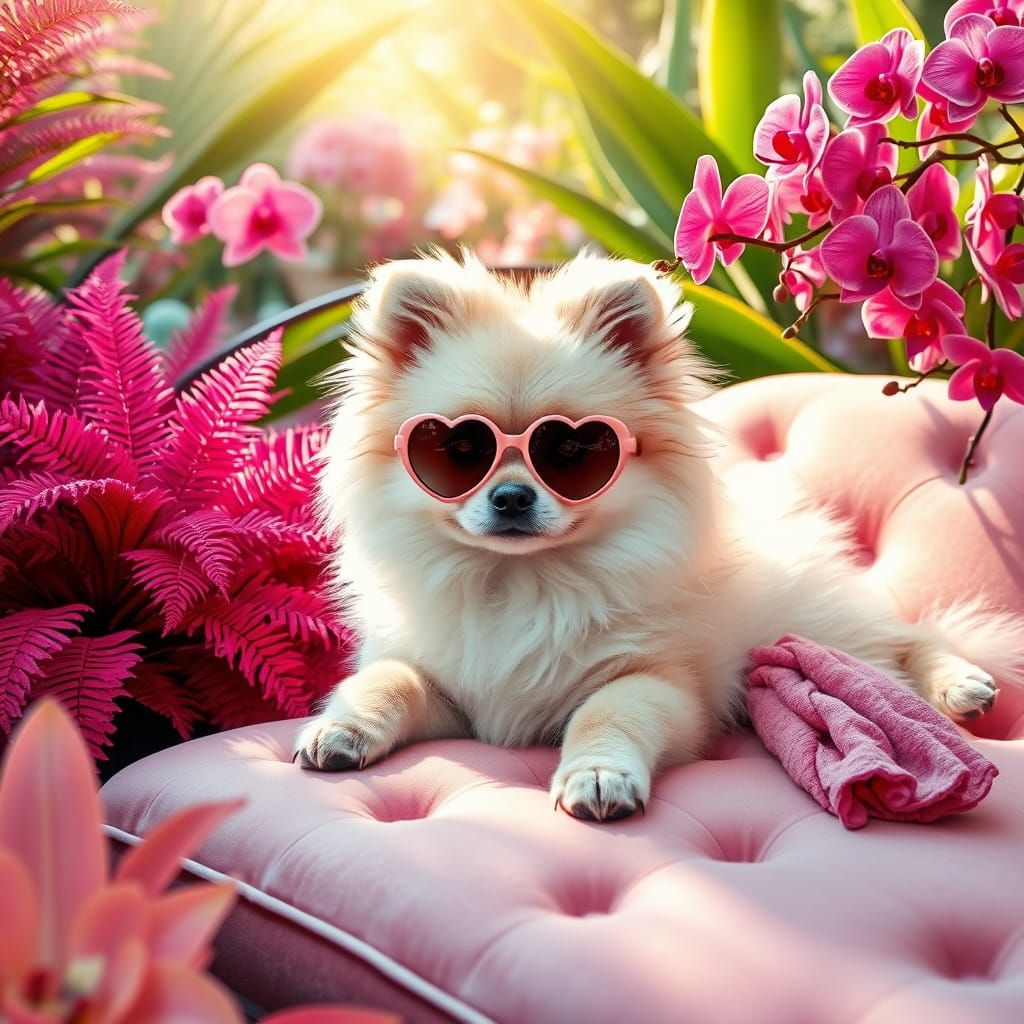 Luxurious Garden Oasis with Pomeranian in Heart-Shaped Sungl...