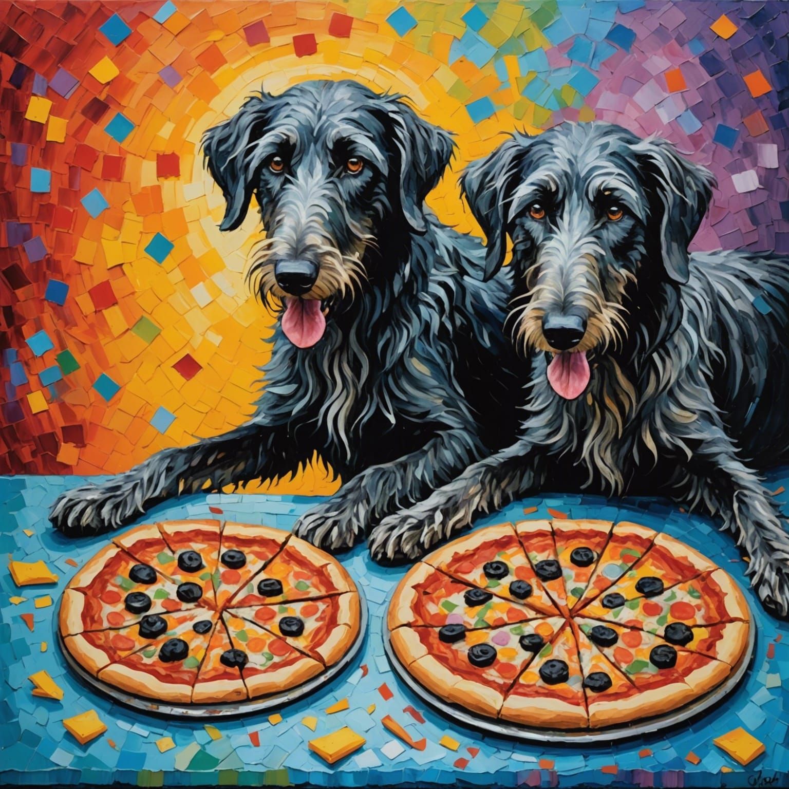 Dogs Making Pizza in Expressionist Oil Painting
