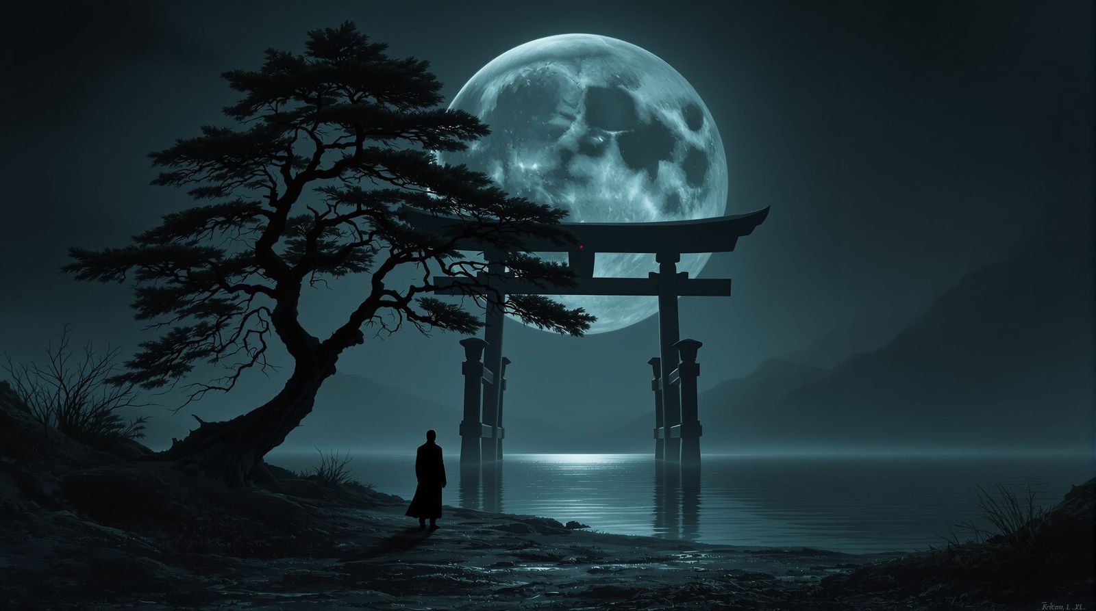 Monochromatic Moon Over Serene Lake and Torii Gate