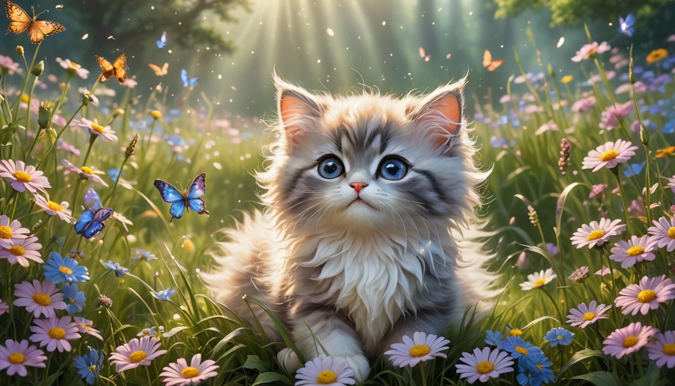 Cute Fairy Kitten on a Flowery Meadow