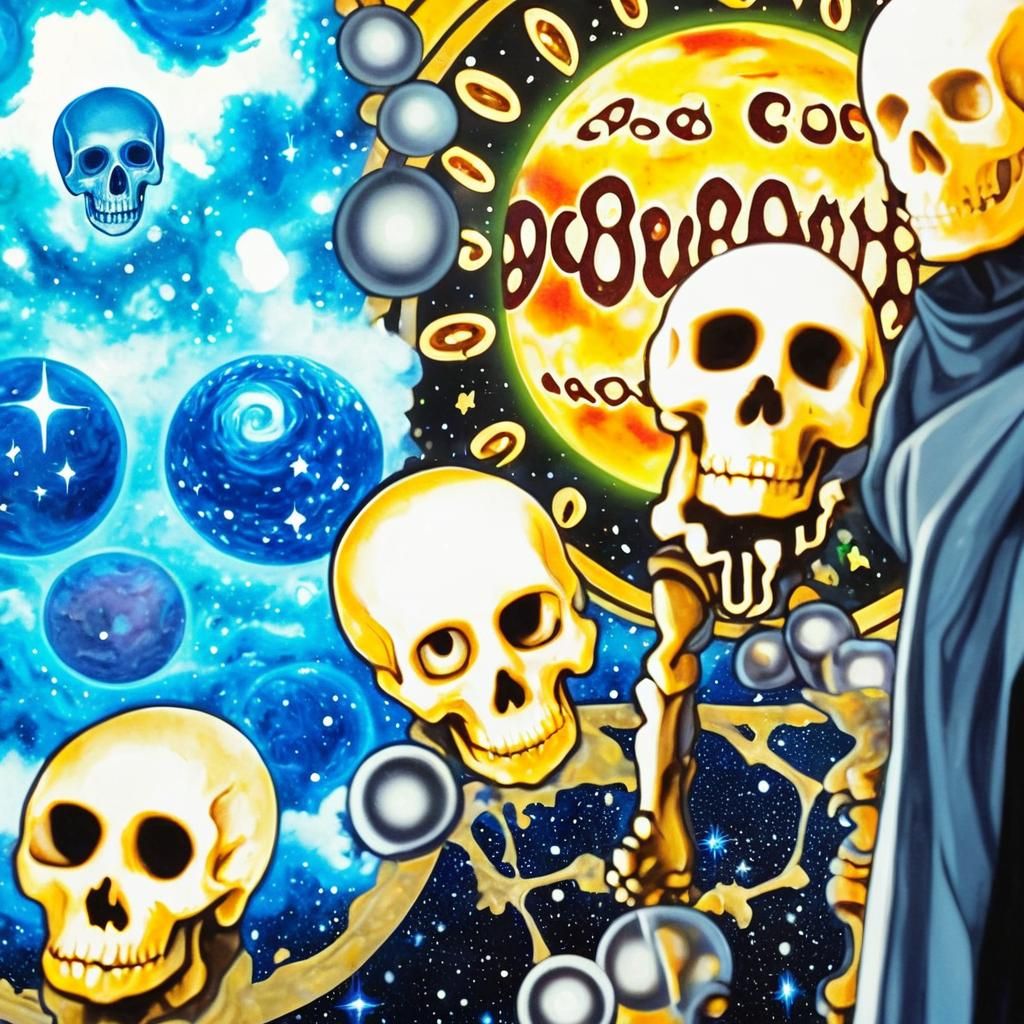 Glowing Skull Amidst Swirling Galaxy in Surreal Style
