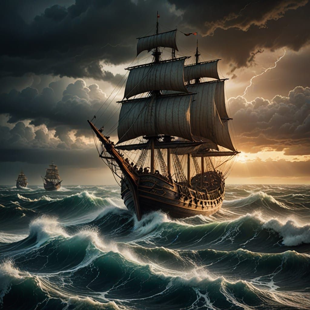 Epic Norse Long Ships Sail Majestically Through Turbulent St...