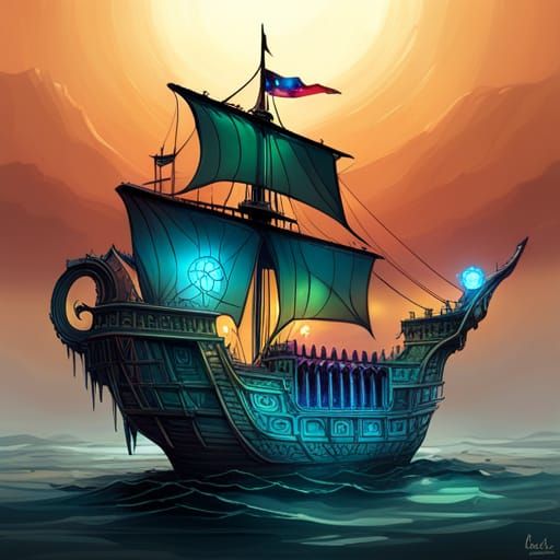 Cybernetic Atlantean Aztec Pirate Ship Digital Painting