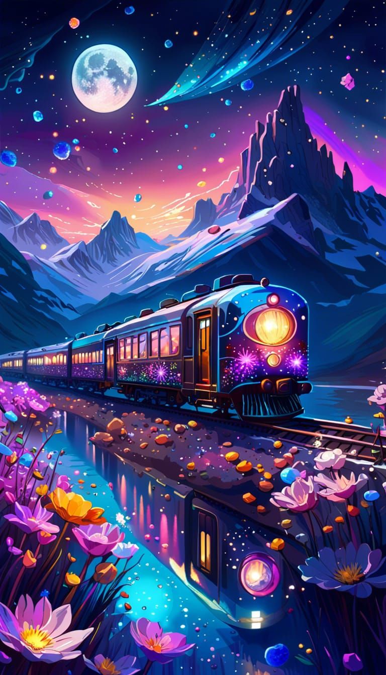 Starry Night Train with Flowers and Crystals