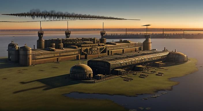Steampunk Military Base at Sunset