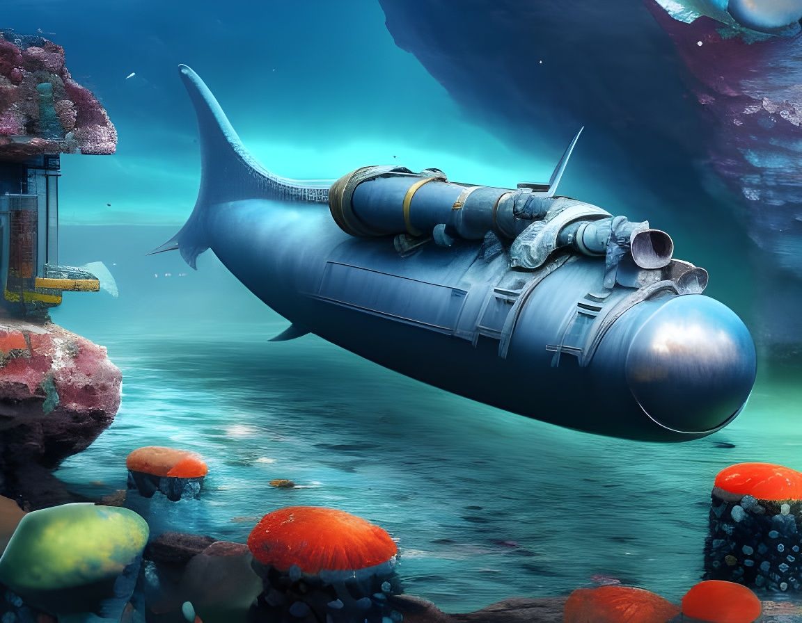 Colorful Submarine Exploring Atlantis in Watercolor Style