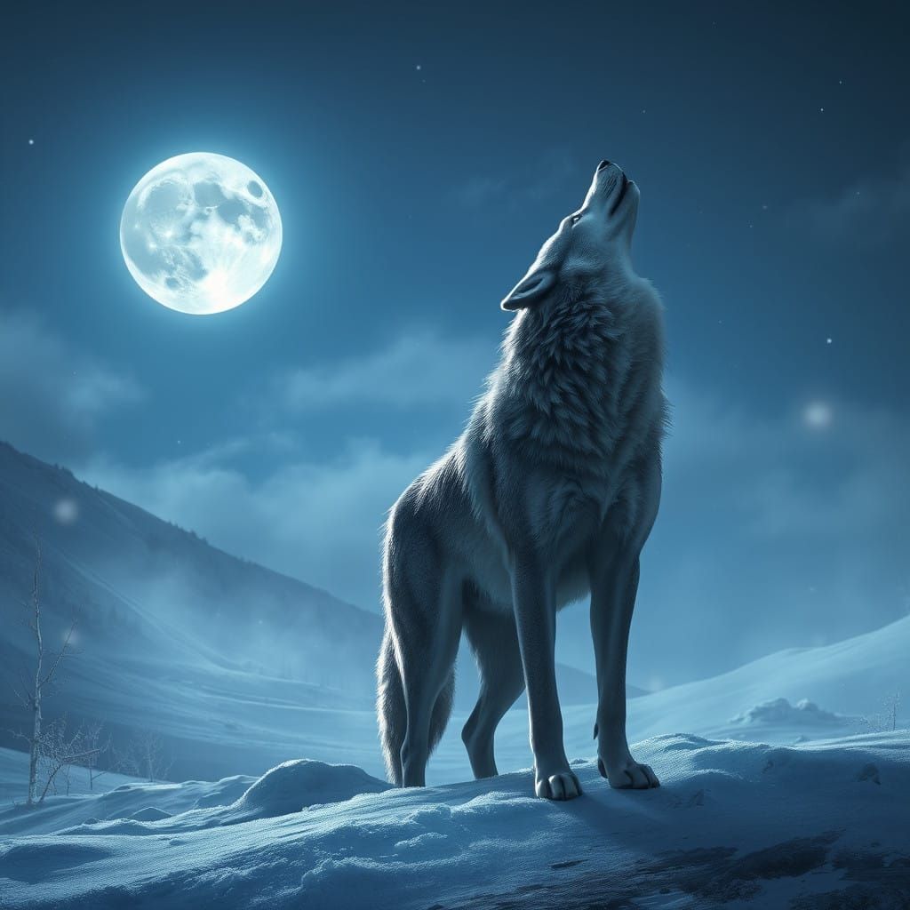 Majestic Gray Wolf Under Full Moon Night Sky