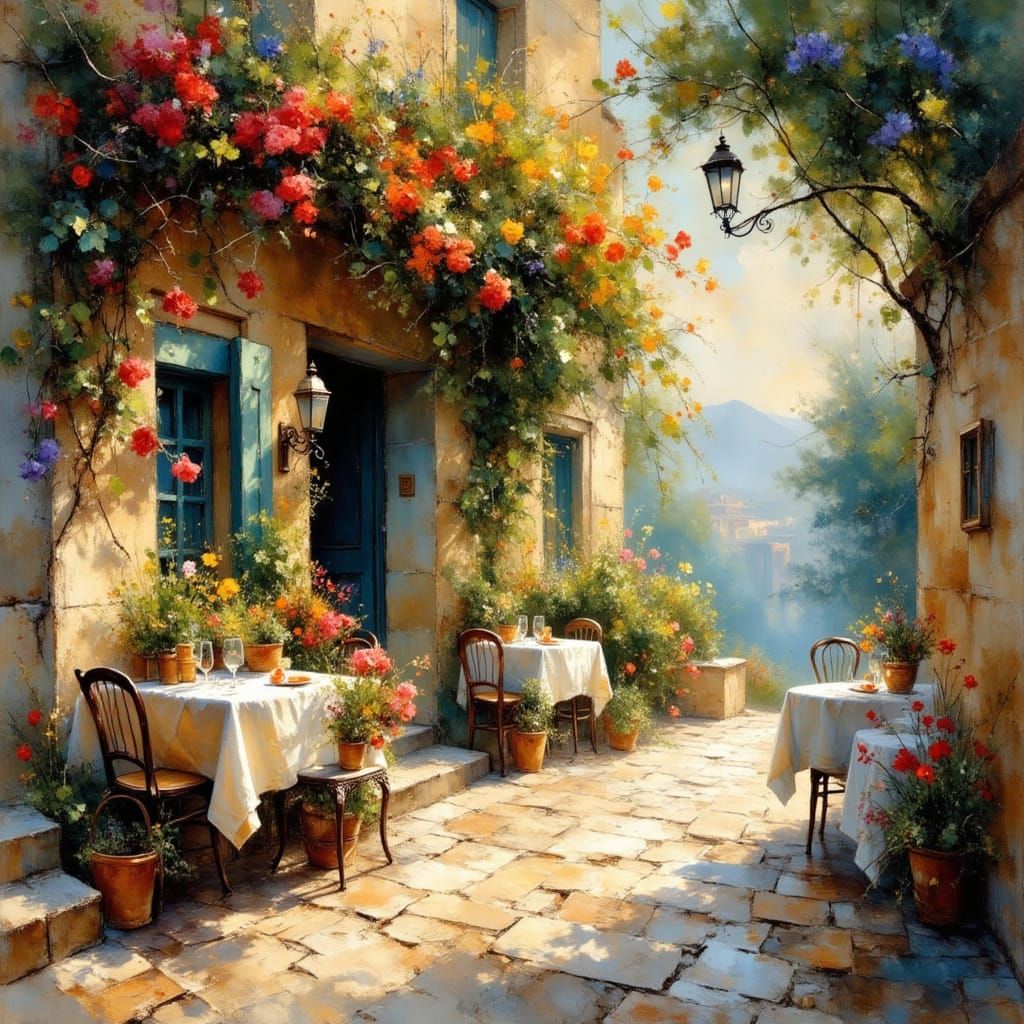 Vibrant Greek Cafe Scene in Spring with Epic Lighting