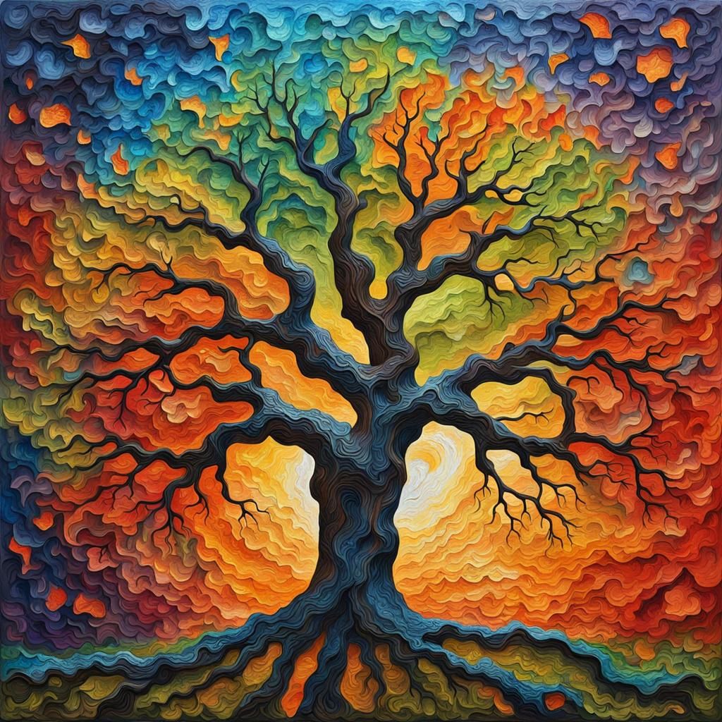 Detailed Oak Tree in Vibrant Impasto Painting