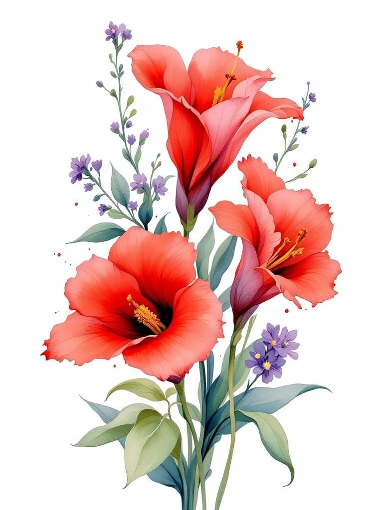 Vibrant Red Florals in Minimalist Watercolor Style