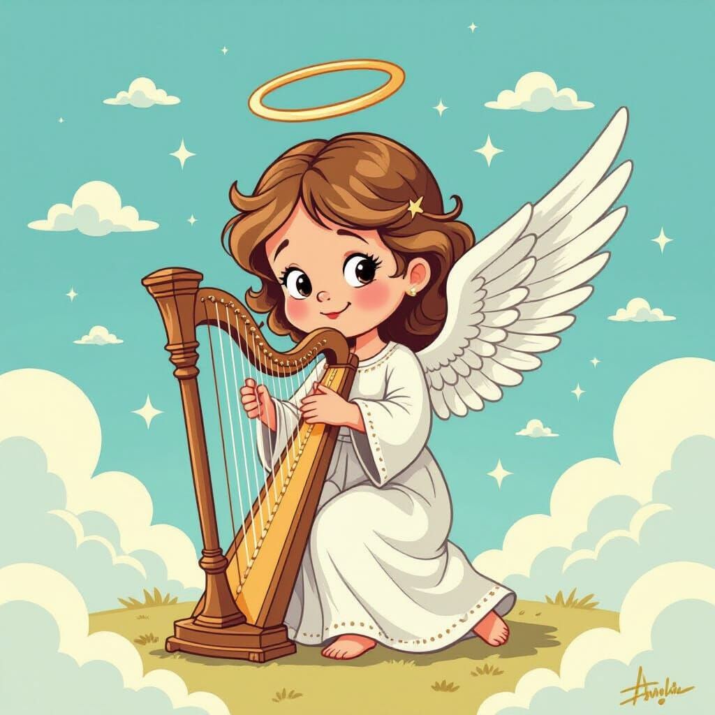 Bewildered Angel Plays Tiny Harp in Vintage Illustration Sty...