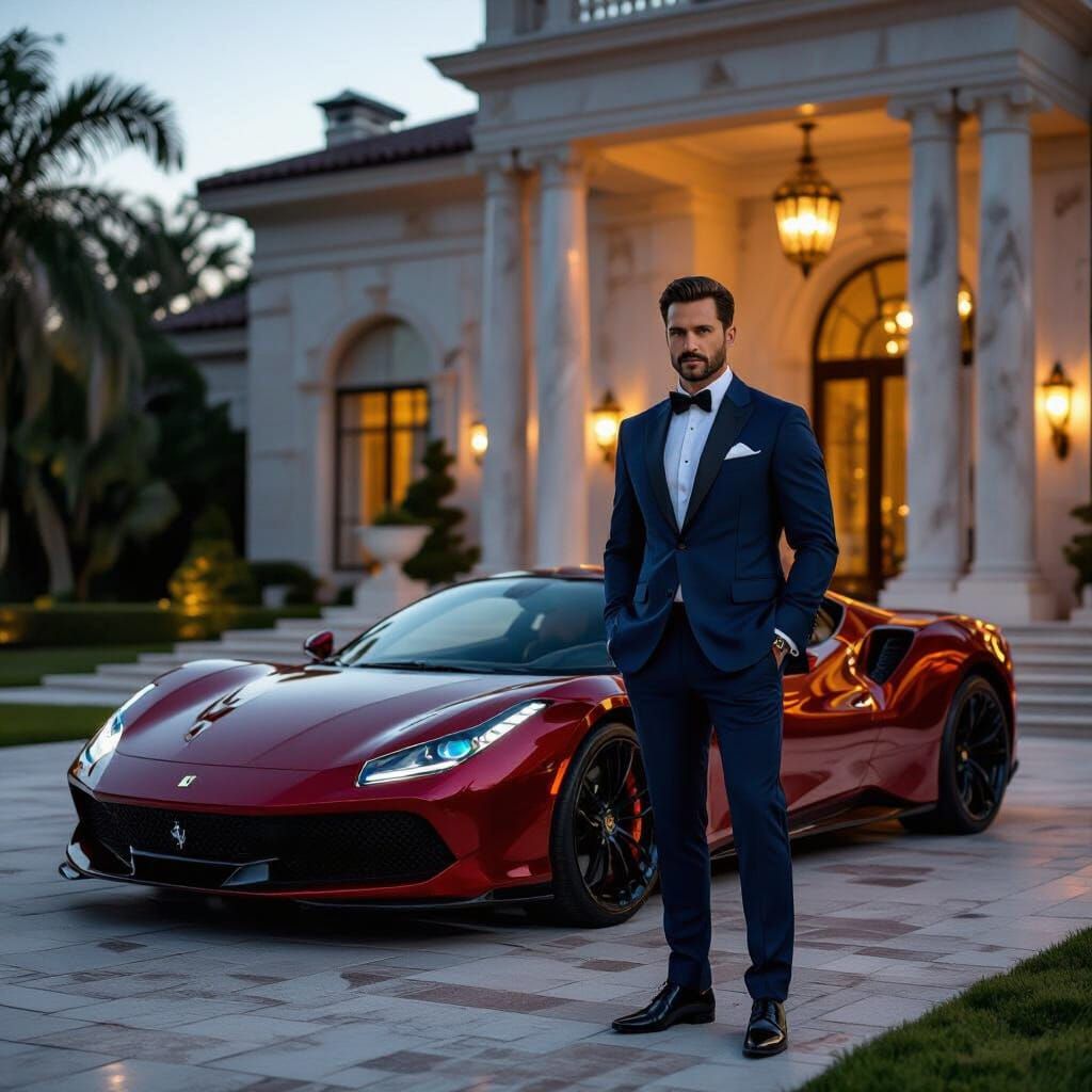 Man in Suit Beside Luxury Car at Mansion