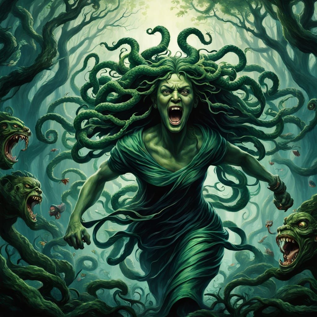 Medusa Runs Screaming Through Dark Green Forest