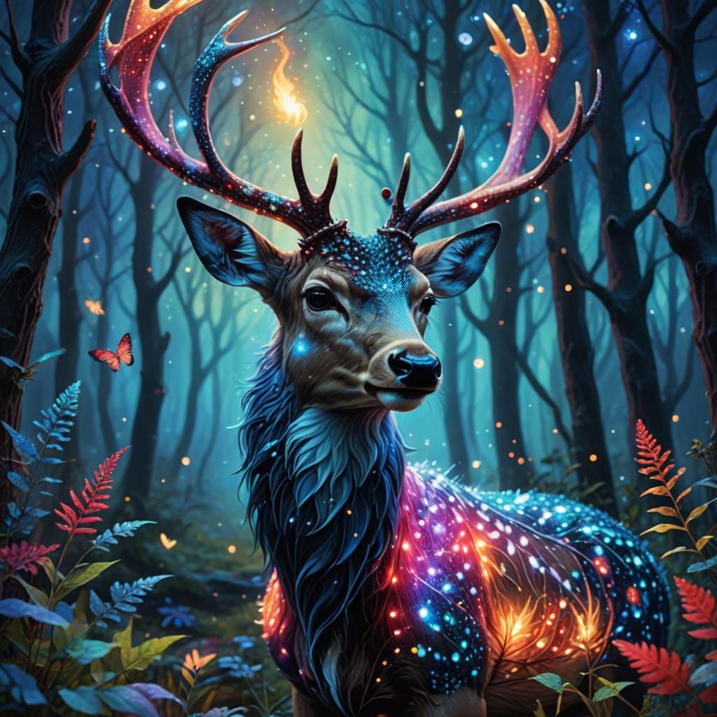 Mystical Deer with Flame Antlers in Fairy Forest