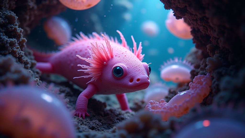 Hyperrealistic Pink Axolotl in Neon Coral Reef Cave